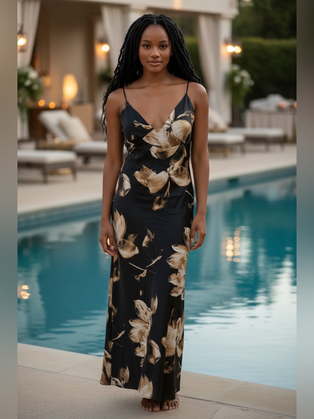 NWT Bardot Black Sz 8 (L) Print Maxi Dress Plunging V-Neck Open Back Sleeveless